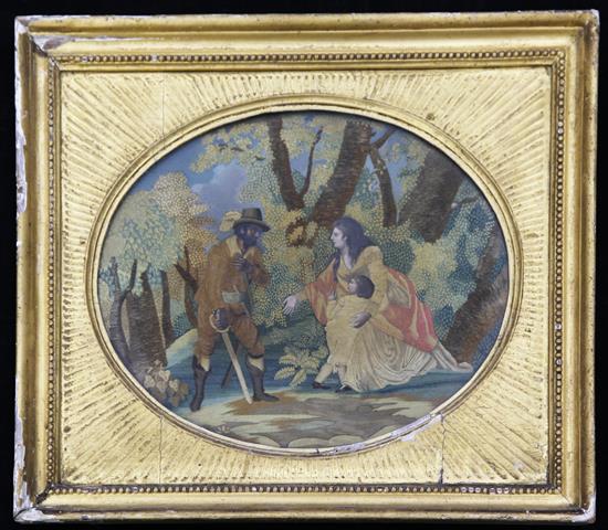 A Regency silkwork picture, depicting an encounter in a woodland setting, 21ins wide